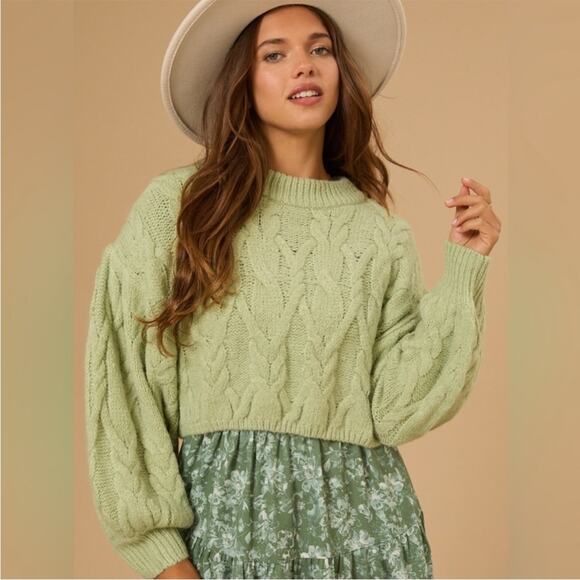 Altar'd State Sweaters - Altar'd State Capri Sage Cropped Oversized Cable Knit Sweater Puff Sleeves Sz XS
